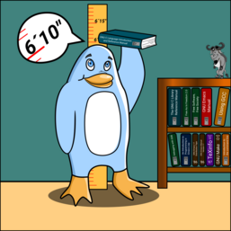 Freedo measures his height, reaching 6'10, using one of the books taken from a bookshelf with various historical Free Software titles.  There's a standing-up GNU statue on top of the bookshelf.  Image by Jason Self from https://jxself.org/git/?p=freedo.git.