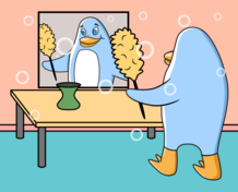 Freedo faces a mirror opposite to a table, holding a duster. His face is only visible in the mirror. Image by Jason Self from https://jxself.org/git/?p=freedo.git.