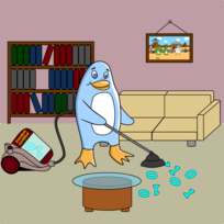 Freedo cleans up the living room, vacuuming binary blobs. Image by Jason Self from https://jxself.org/git/?p=freedo.git.